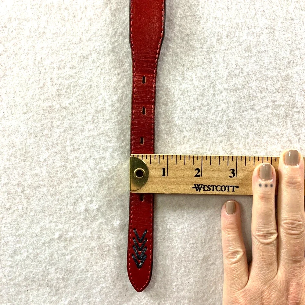 Vintage Womens Leather Belt Sz 32 Red Navy Fish Stitch Conchos‎ Coastal Boho
